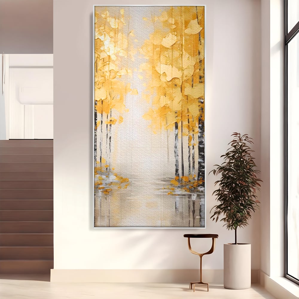 Tablou canvas cu pictura verticala cu padure aurie, in rama de aluminiu argintiu